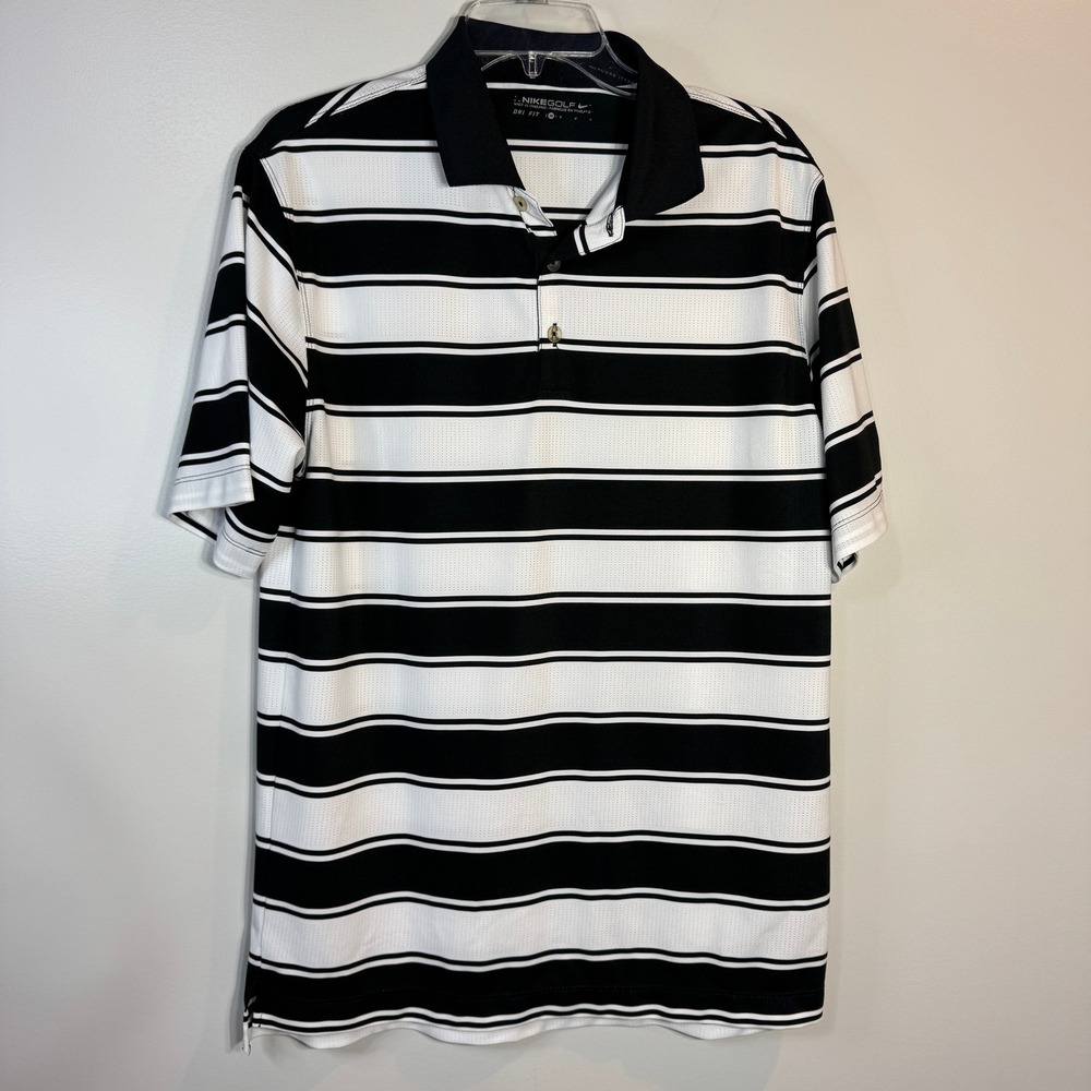 Nike Golf Dri Fit Polo Shirt Mens Medium Black White Striped Short Sleeve Summer